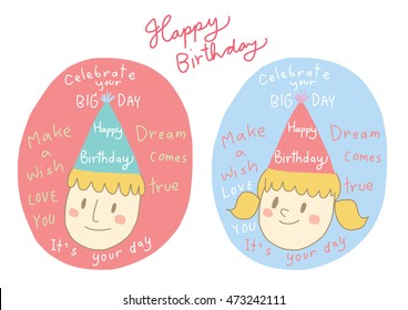 Smiling boy wearing a happy birthday hat.  Smiling girl wearing a happy birthday hat. happy birthday card set. gift tag. 