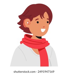 Smiling Boy Wearing A Hearing Aid And A Red Scarf. Character Promoting Hearing Accessibility And Cheerful Vibes. Image Conveys A Sense Of Happiness And Inclusion. Cartoon People Vector Illustration