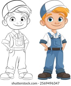 Smiling boy wearing overalls and a cap