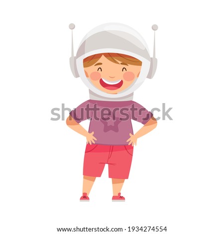 Smiling Boy Wearing Space Helmet Playing Pretending Being Astronaut Vector Illustration