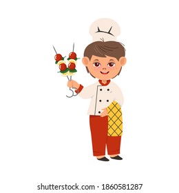 Smiling Boy Wearing Toque and Jacket Holding Skewered Food Vector Illustration