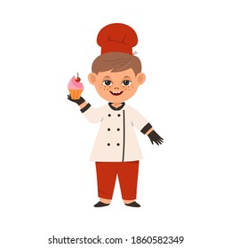 Smiling Boy Wearing Toque and Jacket Holding Baked Cupcake Vector Illustration