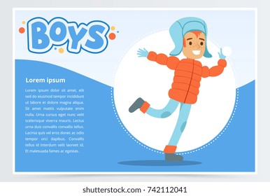 Smiling boy in winter clothes, boys banner for advertising brochure, promotional leaflet poster, presentation flat vector element for website or mobile app