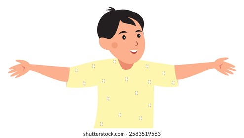 Smiling boy in a yellow shirt with arms spread wide open.