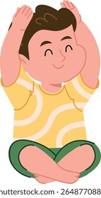 Menino sorridente em uma pose de ioga com as mãos levantadas, retratado em um estilo de desenho animado. Criança alegre praticando meditação com uma expressão alegre e postura relaxada. Ilustração de vetor de desenhos animados.