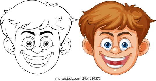 Smiling boy's face in color and outline