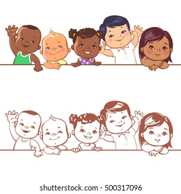 Smiling boys and girls of different races. Multinational baby portrait. Multi-ethnic set of babies. Diverse nationalities. Toddlers holding blank banner. Vector illustration for school or kindergarten