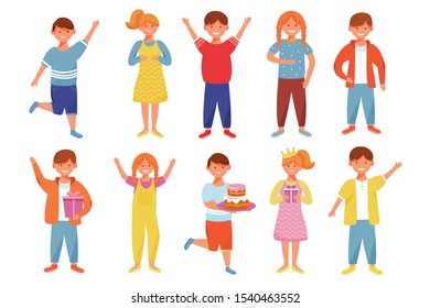 Smiling boys and girls flat vector illustrations set. Children birthday party. Kindergarten. Happy childhood. Young people friends. Cheerful kids on holiday isolated cartoon characters