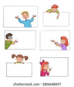 Smiling boys and girls pointing on banners. Blank empty posters sheets of paper with copyspace set. Vector character illustrations of kids presentation template design, school education concept