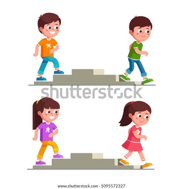 笑顔の男の子と女の子が階段を行ったり来たりしている 階段セットの階段を上がる子ども用のカートーンキャラクター 子ども 時代と未就学児の発達 白い背景に平らなベクターイラスト のベクター画像素材 ロイヤリティフリー