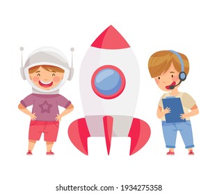 Smiling Boys Playing with Spacecraft Pretending Being Astronaut Vector Illustration