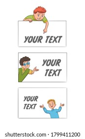Smiling boys pointing on banners, place for text. Blank empty posters sheets of paper with copyspace set. Vector character illustrations of kids presentation template design, school education concept