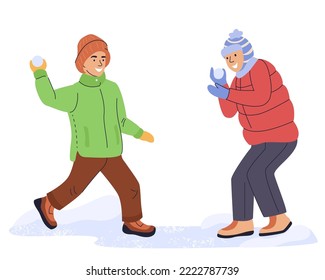 Smiling boys at snowball fight. Kids having fun, making, sculpting and throwing snow balls, playing wintertime game on winter holidays. Flat vector illustration isolated on white background