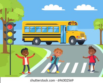 Smiling boys standing on pedestrian crossing near traffic lights with school bus approaching them from behind cartoon style vector illustration