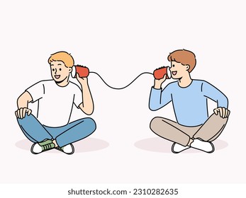 Smiling boys talk on tin can phone. Happy children have fun speak on handmade cups telephone. Childhood. Vector illustration. 