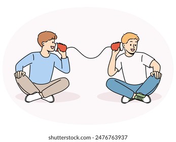 Smiling boys talk on tin can phone. Happy children have fun speak on handmade cups telephone. Childhood. Vector illustration.