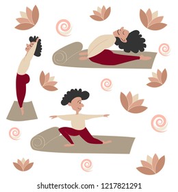  smiling boys training,happy man doing youga isolated on white background,vector with flowers,nude colors