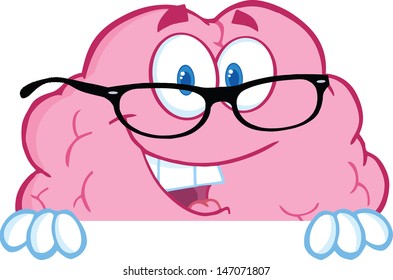 Smiling Brain Cartoon Character  With Glasses Over A Blank Sign