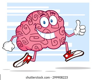 Smiling Brain Cartoon Character Jogging And Giving A Thumb Up. Vector Illustration With Background