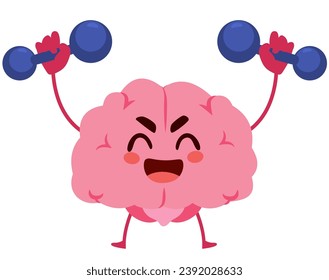 Smiling brain cartoon character mascot training with dumbbells vector illustration