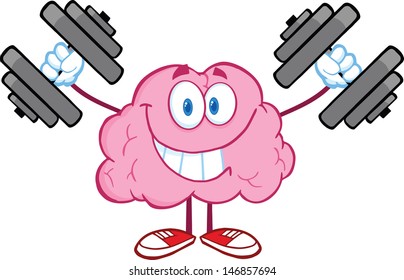 Smiling Brain Cartoon Character Training With Dumbbells. Vector Illustration