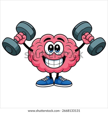 Smiling brain cartoon character training with dumbbells vector illustration ideal for education mental health fitness and brain training themes