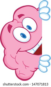 Smiling Brain Character Hiding Behind A Sign