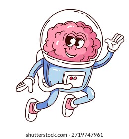 Sonriente personaje cerebral en traje espacial flotando en gravedad cero. Lindo estilo de dibujos animados groovy doodle. Ilustración vectorial de contorno para diseño de pegatinas, espacio, ciencia o imaginación.
