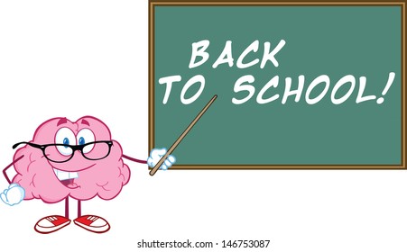 Smiling Brain Teacher Character With A Pointer In Front Of Chalkboard With Text