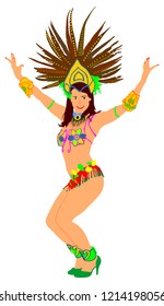 Smiling Brazil carnival dancer vector illustration isolated on white background. Rio De Janeiro street carnival entertainment. Attractive lady in costume ball. Pretty woman sensual erotic dance.