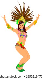 Smiling Brazil carnival dancer vector illustration isolated on white background. Rio De Janeiro street carnival entertainment. Attractive lady in costume ball. Pretty woman sensual erotic dance.