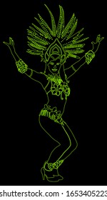 Silueta vectorial de bailarina de carnaval de Brasil sonriente aislada de fondo negro. Espectáculo de carnaval en las calles de Río de Janeiro. Atractiva dama en el baile de disfraces. Bonita danza erótica sensual de la mujer.