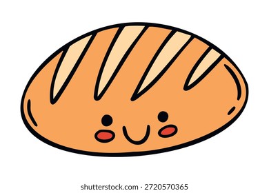 Caráter de pão sorridente, estilo doodle desenho à mão aconchegante. Ilustração vetorial.