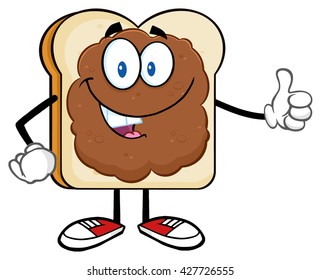 Smiling Bread Slice Cartoon Character With Peanut Butter Giving A Thumb Up. Vector Illustration Isolated On White Background
