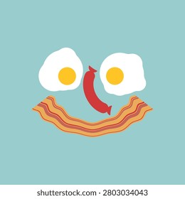 Smiling breakfast made from fried eggs and bacon, representing morning happiness, positive mood, and comfort food. Great for cafe, cooking, and healthy lifestyle themes.
