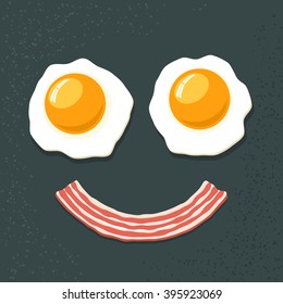 Smiling Breakfast. Two Fried Eggs And Bacon. Funny Cartoon Vector Icon.