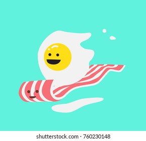 Smiling breakfast. Two fried eggs and bacon. Funny cartoon vector icon. Cute stylish characters