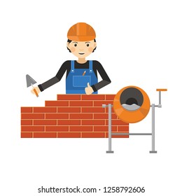 Smiling bricklayer worker with thumbs up and trowel in his hand behind the brick wall and concrete mixer. Flat vector isolated on white background