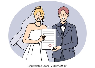 Smiling bride and groom holding marriage certificate excited about starting family. Happy couple in bridal dress and suit on wedding day. Vector illustration.