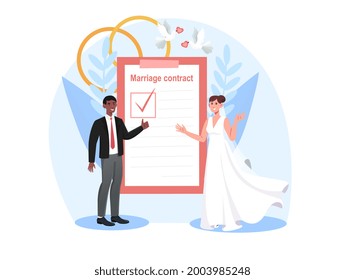 Smiling bride and groom are signing marriage contract together. Happy couple getting married and signing marriage contract or prenuptial agreement form on clipboard. Flat cartoon vector illustration