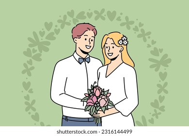 Smiling bride and groom standing near wedding floral arch during ceremony. Happy couple enjoy marriage celebration. Vector illustration. 