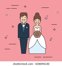 Smiling bride and groom wedding cake toppers outline vector illustr