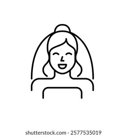 Smiling bride wearing veil. Wedding dressing gown, makeup and hairstyle. Pixel perfect vector icon