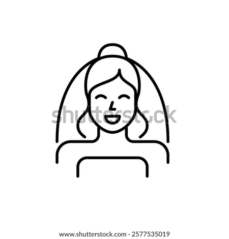 Smiling bride wearing veil. Wedding dressing gown, makeup and hairstyle. Pixel perfect vector icon