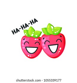 Smiling bright glossy strawberries cute characters saying Hahaha cartoon vector Illustration on a white background