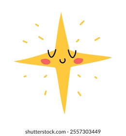 Smiling bright yellow star with closed eyes and radiating light rays. Perfect for cheerful designs, stickers, or holiday themes. Flat cartoon vector isolated on a white background.