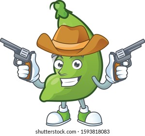 Smiling broad beans mascot icon as a Cowboy holding guns