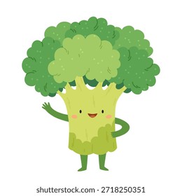 Smiling broccoli with face, arms and legs in Scandinavian minimalism style. Healthy food cartoon character for kids’ designs, posters, books, and educational materials.