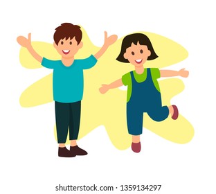 Smiling Brother and Sister Flat Vector Characters. Happy Children in Kindergarten. Joyful Girl Running and Jumping. Cheerful Siblings Playing. Cartoon Toddlers Asking for Hugs. Schoolboy, Schoolgirl