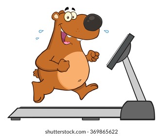 Smiling Brown Bear Cartoon Character Running On A Treadmill. Vector Illustration Isolated On Whit